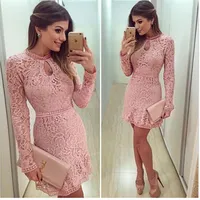 Wiosna Jesień Moda Casual Kobiet Sexy Koronki Dresses Party Night Club Dress Fall Długi Rękaw Pink Brasil Vestidos de Festa