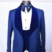 Jeden przycisk Groomsmen Blue Groom Tuxedos Szal Velvet Lapel Men Site Side Vent Wedding / Prom Best Man (Kurtka + Spodnie + Kamizelka + Kamizelka) L8