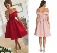 Goedkoop Simple Rood Korte Prom Dresses Satijn Ruffles Off Shoulder Knee Lengte Homecoming Party Dress Custom Made Avondjurken