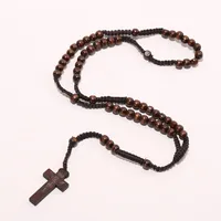 Мужчины Женщины католический Христос деревянный 8 мм четки бисера крест кулон тканые веревки ожерелье черный/коричневый/бежевый