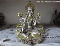 Tybet Buddhism White Miedzi Silver Gild Green Tara Guan Yin Kwan-Yin Goddess