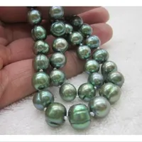 35 "10-12mm südsee echte natürliche tiefgrüne perlenkette weiße schließe @