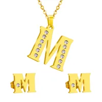 Sistemas de la joyería de la letra del alfabeto M inicial del acero inoxidable de la vendimia Estilo clásico Bling Cristal Collar de oro y pendientes