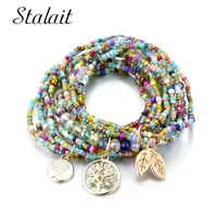 Bohemian Style Life of Tree Leave Charm Beads Bracelets For Women Boho Multilayer Crystal Seed Bead Bracelet Jewelry Party Gift