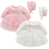Neonato Battesimo Dress Beben Baby Pizzo Ricamo vestiti per neonate Party Christens Abiti con cappello 0-12m rosa bianco