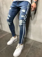 Heren blauwe denim gescheurde slim fit side gestreepte jeans mannelijke skinny potlood broek casual broek met ritsen gratis verzending