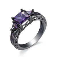 Fashion Prong Setting Purple Amethyst Cubic Zirconia Black Gold Plated Rings Size 6/7/8/9/10 Women Men&#039;s Engagement Gift