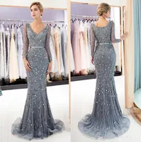 New Sheer Long Sleeves V Neck Lace Mermaid Long Aftonklänningar 2019 Tulle Lace Beaded Sequins Sweep Train Formell Party Prom Klänningar CPS1174