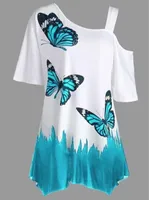 Kvinnor Mode Butterfly Skriv ut Tunika T-shirt Sommar Bomull Tshirt Kvinnor Skörd Top Kortärmad T-shirt Plus Storlek S-5XL