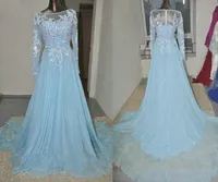 Ljusblå Långärmad Pagant Evening Klänningar Kvinnors Lace Applique Bridal Gown Special Occasion Prom Bridesmaid Party Dress 17LF945