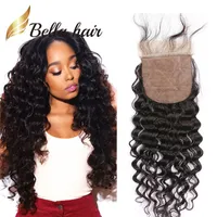 Cierre de la base de seda de Bella cabello 3 capas brasile￱o virgen humano cabello 4x4 encaje de color natural calidad profunda 12-20 pulgada