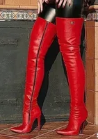 Rihana 2019 Fashion Women Red Boots Long Boots Winter Autumn Shoes ، وأصابع إصبع القدم فوق أحذية الكعب العالية في الركبة Zapatos de Mujer