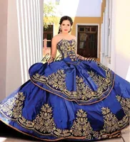 Royal Blue Gold Lace Ball Gown Quinceanera Dresses Sweetheart Embroidery Appliques Beaded Sweet 16 Dresses Sweep Train Quinceanera Gowns