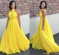 Bright yellow chiffon long prom dresses 2019 halter keyhole open back bridesmaid dresses sexy cocktail party dresses evening gowns