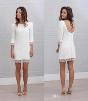 Designer Short Mini Sheath Fitted Wedding Dresses 3/4 Sleeves Sexy Backless Informal Beach Casual Reception Bridal Gowns