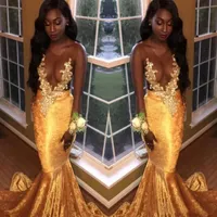 2018 Velvet Sexy Sheer Neck Syrenki Prom Dresses Gold Aplikacje Afryki Czarne Dziewczyny Formalne Dresses Plus Size Suknie wieczorowe Vestidos de Festa