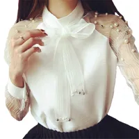 2018 Höst sommar båge pärla vit spets skjorta blus avslappnad mode skjorta chiffong tröjor kvinnor blouses topps blusas