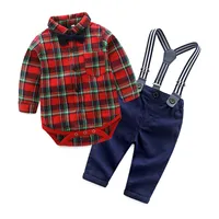2018 Fashion Baby Boy Clothings Gentleman Baby Plaid Bodysuits +Calça +Tire Bow Manuve Manga Longa Crianças Conjuntos de Crianças Roupas