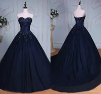 2022 Mörkblå söt 16 klänningar bollklänningar Applique Beaded Crystal Sequin Open Back Tulle Quinceanera Klänning Prom Dress 8th Grade Long