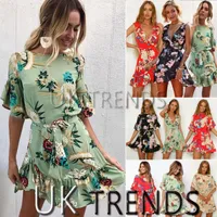 Vestido para mujer de UK Mini vestido de volantes de estampado floral V Summer Beach tamaño de vacaciones 6-14