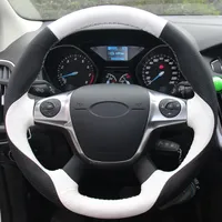 Preto Branco Couro Genuíno Mão-costurado Car Steering Wheel Cover para Ford Focus 3 2012-2014 Kuga Escape 2013-2016