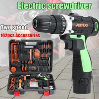 High Quality AOTUO 102Pcs 12V Li-Ion Cordless Power Drills Kit Electric Screwdriver Single/Double Speed 2 Battery