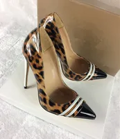 Style européen et américain laque léopard couture 12cm chaussures à talons hauts sexy pointu et peu profond blanc et la mode unique des femmes