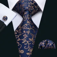 Fast Shipping Mens Gravata Hankerchief Cufflinks Conjunto de laço azul escuro com flores douradas de seda de seda festa casual gravata Jacquard Woven N-5049
