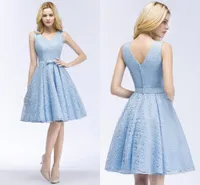 2018 New Designer Light Sky Blue Short Lace Cocktail Dresses Cheap V Neck Knee Length Homecoming Dresses CPS916