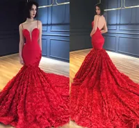 Red Flowers Mermaid Backless Evening Dresses Sweetheart Spaghetti Straps Satin Formal Evening Gowns Long Prom Dresses Sweep Train