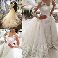 Modest Country Western 2020 Wedding dresses with Detachable Train Lace Long Sleeve Vintage Bridal Gowns Plus Size Vestido de Novia