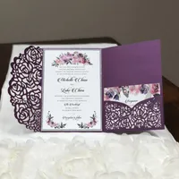 Luxury Silver Glitter Purple Pocket Wedding Invites, 2019 Die Cut Shimmer Trifold Wedding Party Invitations with Belly Band Shipping by DHL