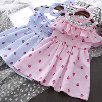 2018 baby meisjes jurk + hoofdband 2 stks / set aardbei gedrukte slingen mouwloze jurk meisje ins mode prinses jurken rok kinderkleding