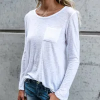 새로운 여성 흰색 느슨한 티셔츠 패션 O- 넥 긴 슬리브 포켓 기본 셔츠 탄성 단색 탑 티 셔츠 femme