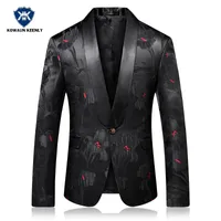 2018 Slim Fit Mens Prom Blazer Kwiat Drukowane Mężczyzna Stage Wear Casual Party Performance Kurtka Piosenkarz Kwiatowy Blazer Black Suit