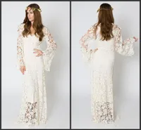 Newest Vintage-Inspired Bohemian Wedding Gown BELL SLEEVE LACE Crochet Ivory or White Hippie Wedding Dress Boho Embroidered Maxi Lace Dress