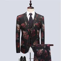 (Kurtka + kamizelka + spodnie) 2018 liść wzór Gospodarz Dress Mężczyźni Garnitury Moda Party Sukienki Męskie Slim Fit Business Men Suit Suit Suit Suit dla Mężczyzna