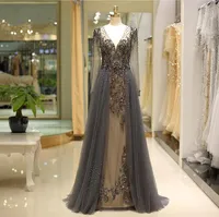2019 long sleeves dark gray V-neck formal evening dresses beading A-line prom dress long elegant Formal mother of bride dresses 80722