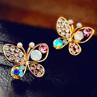 Pearl Butterfly Stud Earrings Rhinestone del oído del perno prisionero del oro Pendientes de perlas de cristal para las mujeres Pendiente de la joyería