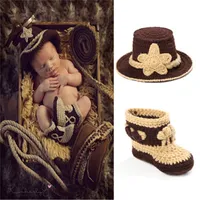 Chapéu de Cowboy Ocidental Beanie Boots Set Infantil Newborn Photography Photo Props Handmade Chuveiro Presente Newnorn Outfits