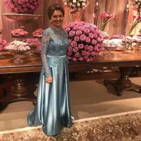 Arapça Elbiseler Gümüş anneler Için Elbiseler Düğün Konuk Parti Jewel Dantel Boncuk Saten Illusion Uzun Kollu Artı Boyutu Akşam Örgün Önlük Chea