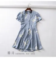 dots moda flor novo design da Europa Feminino de imprimir manga curta com decote em v alta cintura fina cintura de uma linha de vestido curto vestidos estilo francês