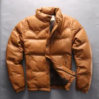 Yellow AVIREXFLY Flocking Sheepskin Leather Down Jacket Stand Collar Men Casual Down Fill Jackets