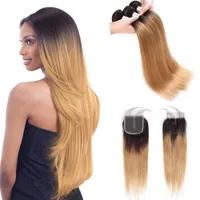 Pre-Colored Raw Indian Hair 3 bundels met sluiting 1b 27 Ombre Blonde rechte menselijke haar weeft bundels met sluiting 100% menselijk haar