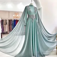 Muslim manches longues robes de bal Dubaï A-ligne en mousseline de soie perles Applique dentelle vintage robe longue à col Parti Glamorous Robes