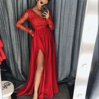 Red Prom Dresses 2018 Lange Mouw Diepe V-hals Kralen Pailletten Parels Side Slit High Split Evening Jassen Sexy Slit Dames Jurken Vestideos