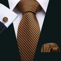 Schnelles Verschiffen Seidenkrawatte Gold Schwarz Luxus-Krawatte Geschenk-Set Klassische Krawatte für Männer mit Manschettenknopf-Taschen-Platz für Hochzeits-Party-Geschäft N-5029