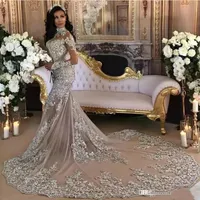 2019 Vintage Mermaid Wedding Dresses Long Sleeve High Neck Crystal Beads Bridal Gowns Luxury Sparkly African Customized Wedding Dress