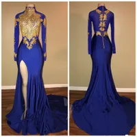 2019 Royal Blue Long Sleeves Mermaid Evening Dresses with Gold Lace Appliques Sexy High Split Black Girls Prom Vintage Gowns BA7711