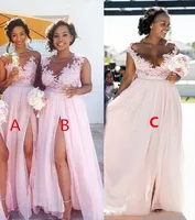 2018 Nueva rosa larga dama de honor sin mangas sudafricano encaje apliques escote redondo lado dividida gasa damas de honor vestido por encargo